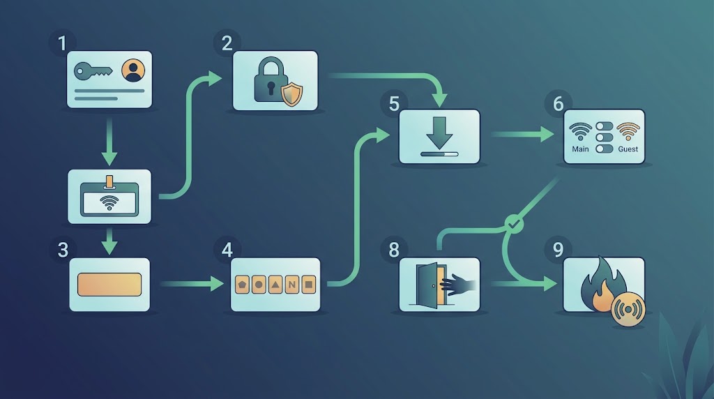 Nine-step illustration of router security: admin password, WPA3 encryption, network name, strong passphrase, firmware update, disabling WPS and UPnP, guest network, logging out, and firewall on.