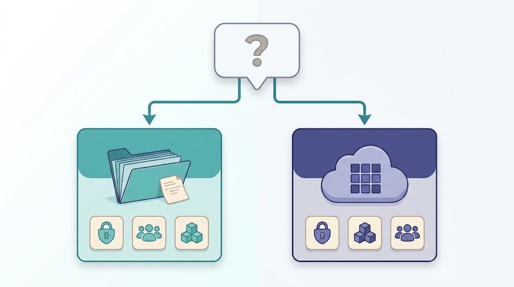 A decision-flow diagram branching from one question to a local-files app and a cloud-workspace app.