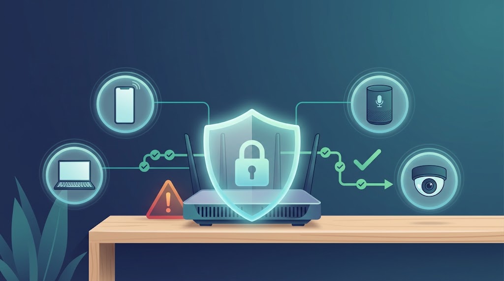 Illustration of a home router protected by a shield and padlock, with phones, laptops and smart devices connected behind it.