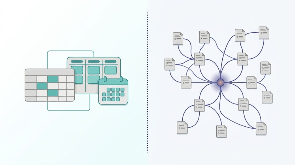 A diagram contrasting structured database views on the left with a linked notes graph on the right.