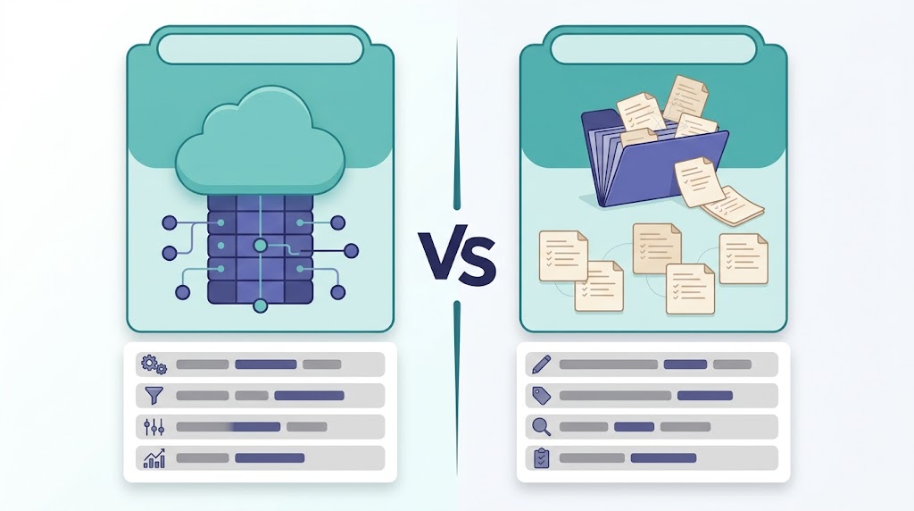 Two side-by-side panels comparing a cloud database app with a local linked-notes app.