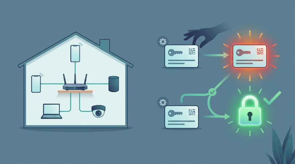 Illustration of a router as the hub connecting all home devices, with a default password being replaced by a strong unique one.