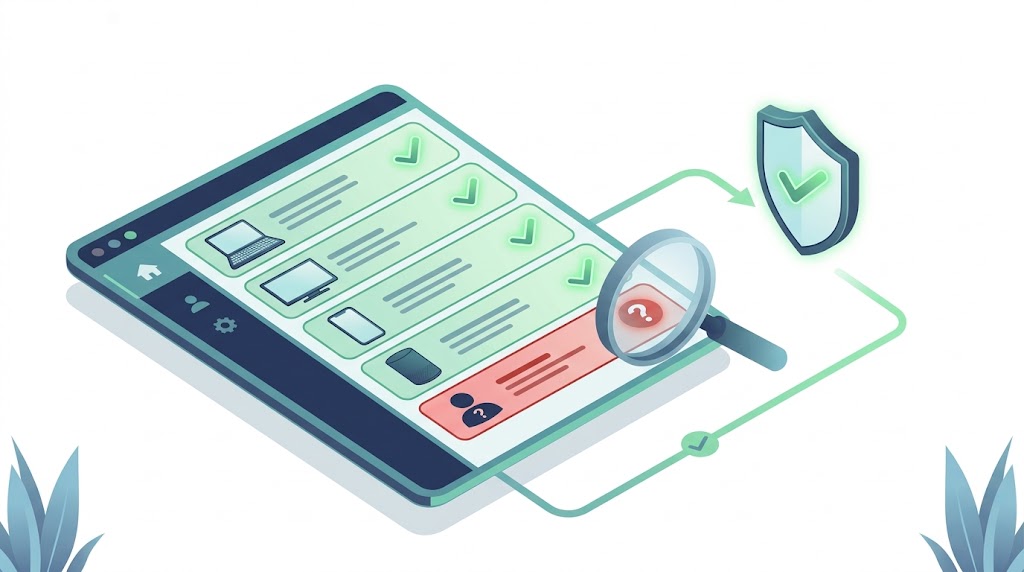 Illustration of a router's connected-devices list with one unknown device highlighted in red and checked with a magnifying glass.