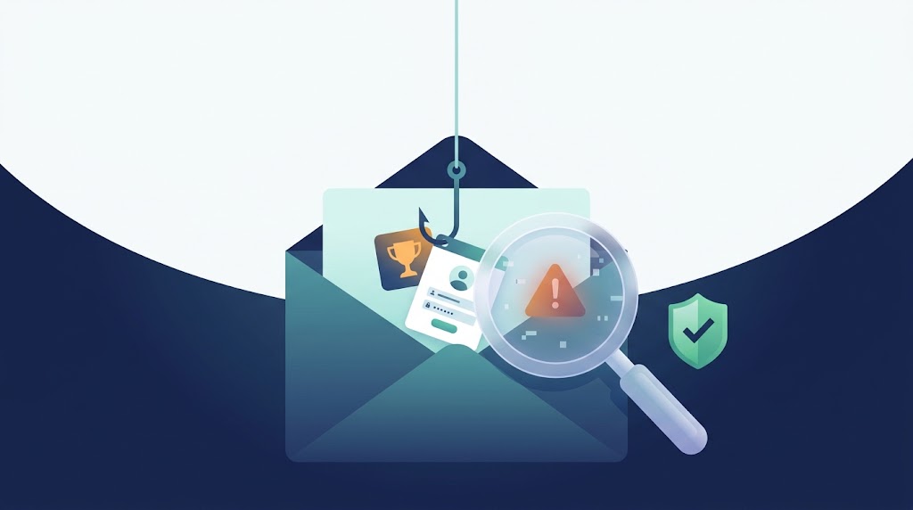 Illustration of a phishing email envelope with a fishing hook as bait and a magnifying glass revealing a warning sign.