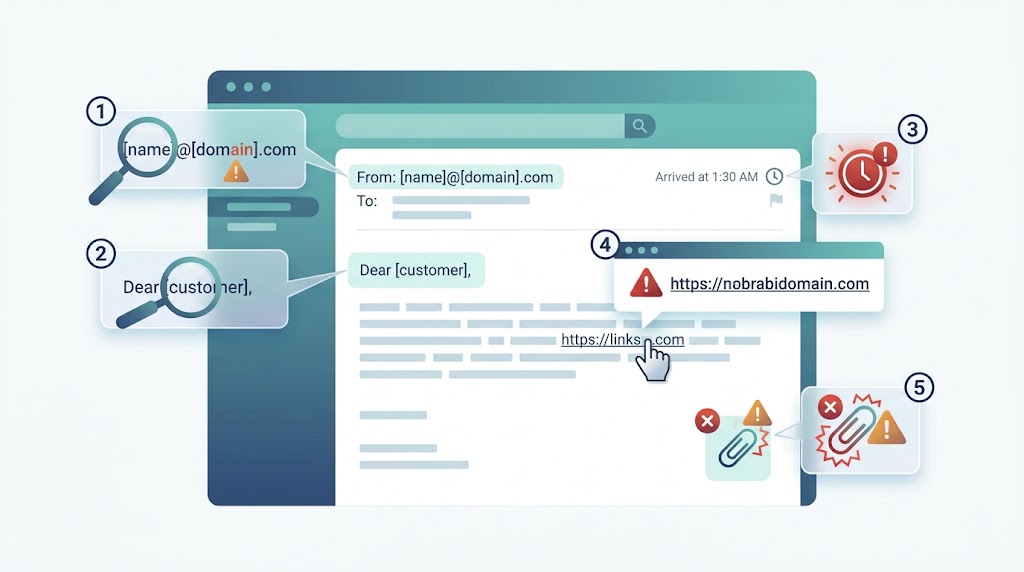 Illustration of an email with callouts marking five phishing red flags: sender address, generic greeting, urgency, mismatched link, and attachment.