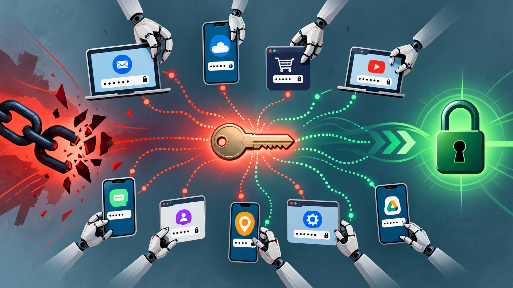 Illustration of one reused password being tried against many accounts, the basis of credential stuffing.