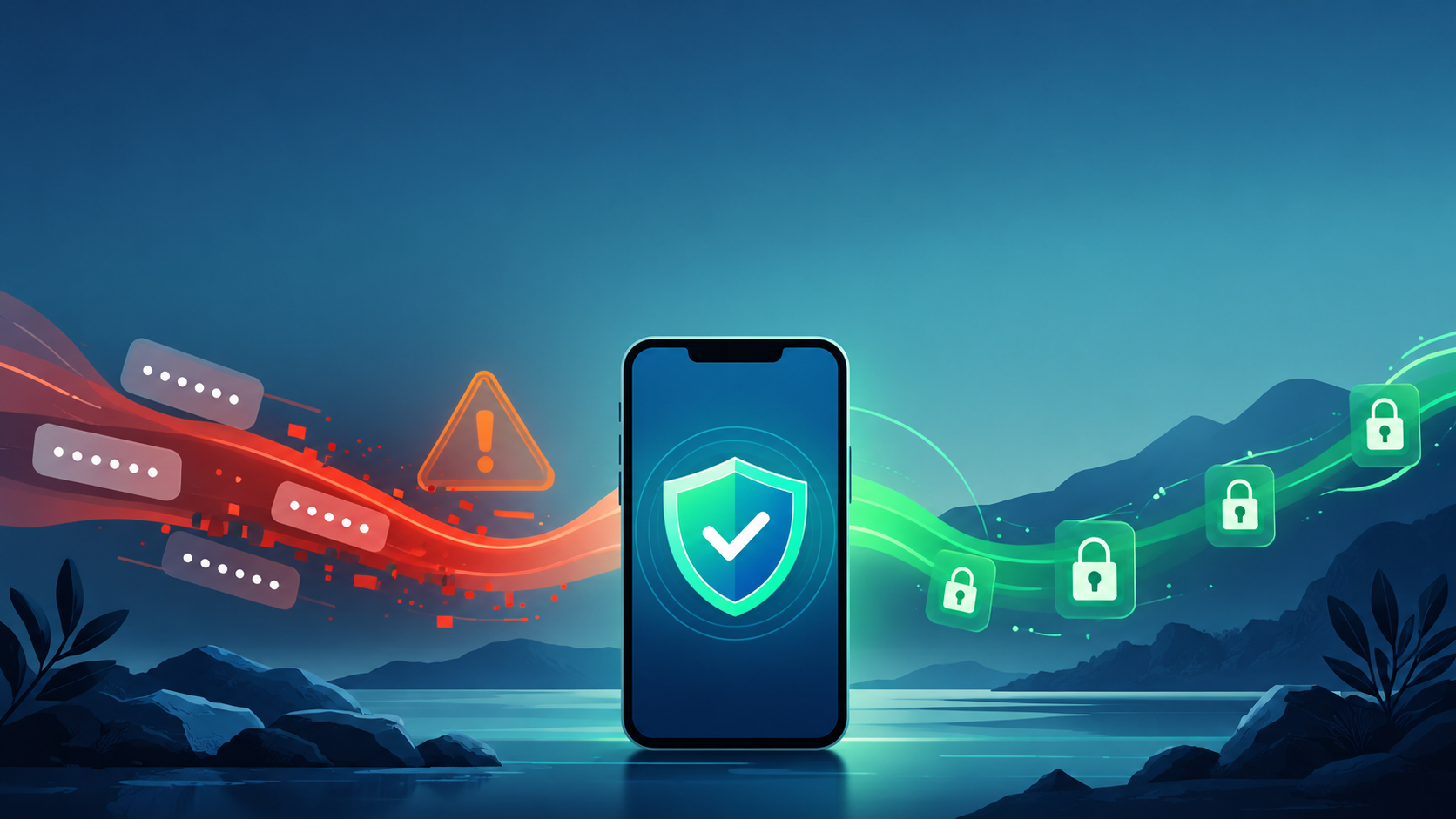 Illustration of a shield and padlock icons showing how to check a leaked password and secure an account.