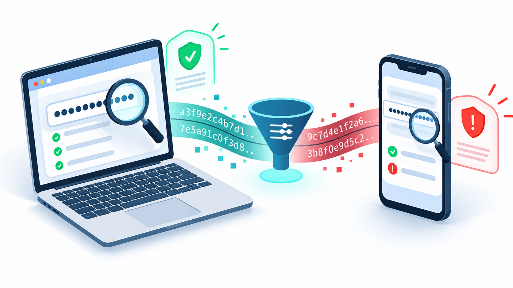 Illustration of a password checker scanning masked passwords on a laptop and phone, with hash filtering for privacy.