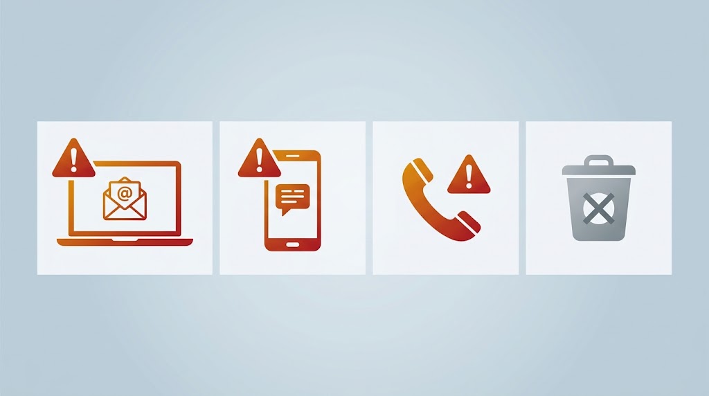 Infographic of four message types — email phishing, smishing by text, vishing by phone, and spam — with warning icons.