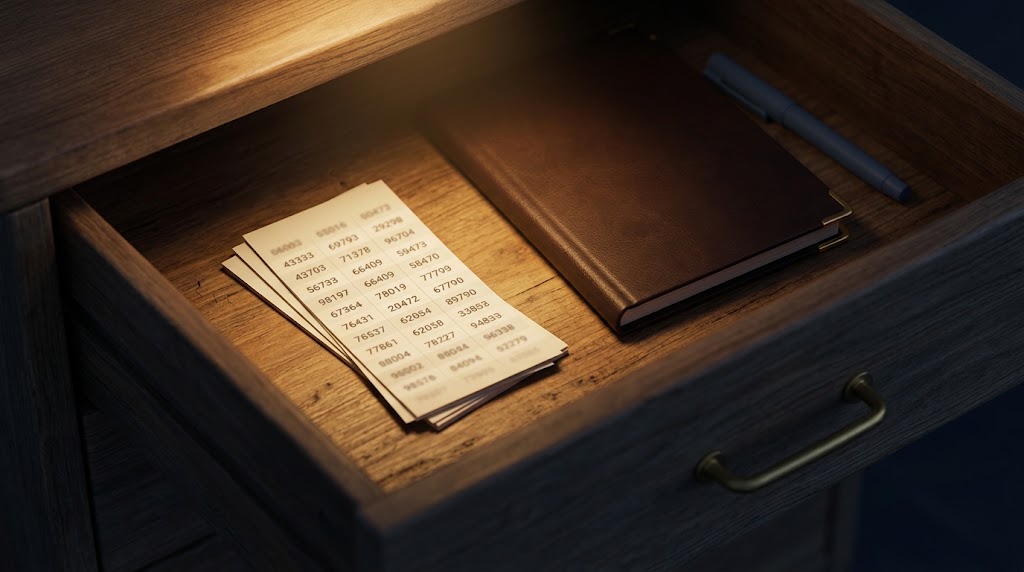 Printed backup codes on paper beside a closed password notebook in a drawer
