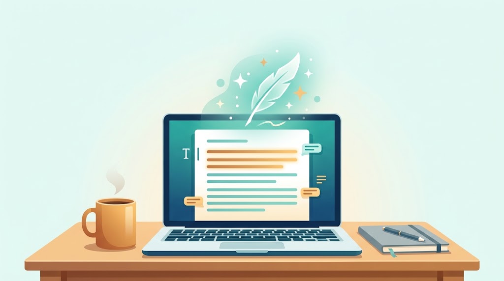 A content creator's laptop drafting an article with a glowing AI writing assistant hovering above the document.