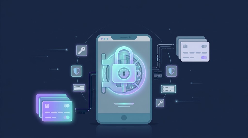 An illustration of a glowing password-manager vault with free and paid plan cards, representing a 2026 password manager comparison.