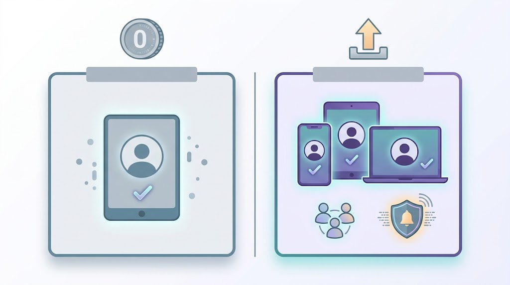 A side-by-side graphic comparing a free password manager (one device, basics) with a paid plan (multiple devices, sharing and alerts).