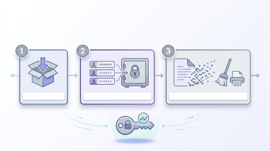 A three-step diagram showing how to switch password managers: export your logins, import them into the new manager, then securely delete the export file.
