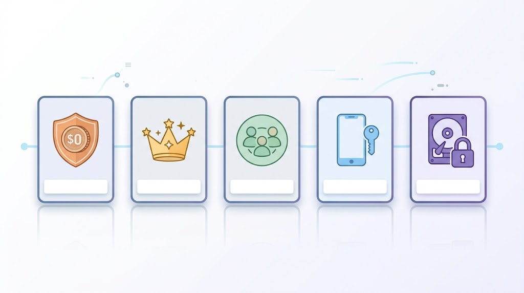 Five cards showing the best password manager picks by use case: best free, best overall, best for families, best built-in and best offline.