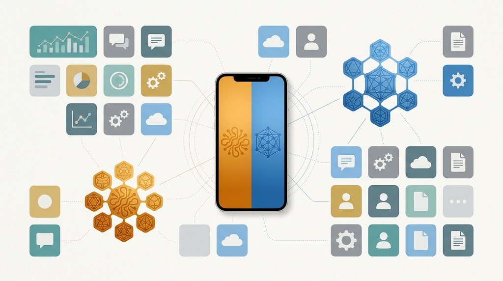 A phone surrounded by app icons connected by faint lines to two AI hubs ChatGPT vs Google Gemini