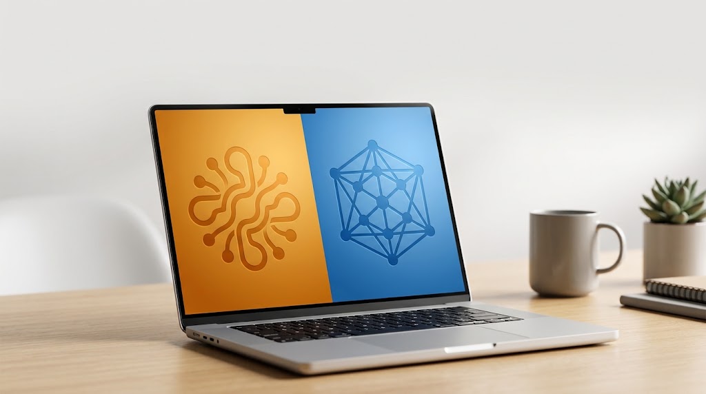 A laptop split between two abstract AI assistant interfaces, one warm, one cool