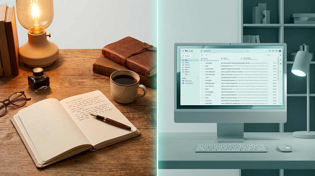 Split scene: a writer's creative desk on one side, a workspace inbox on the other