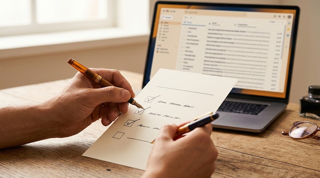 A person ticking a short decision checklist on paper beside a laptop