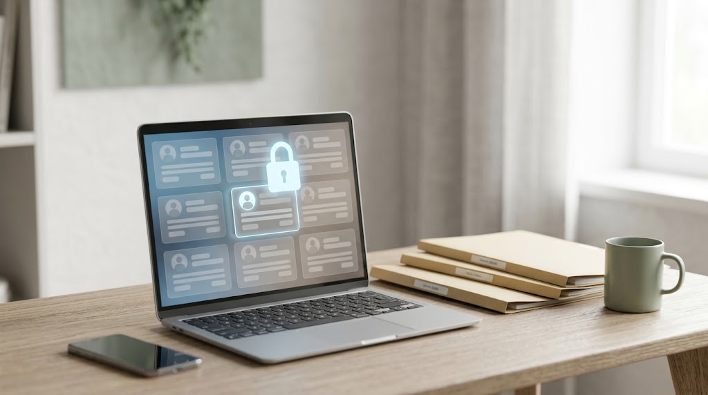 A hand closing a padlock icon on a laptop screen among faint account tiles