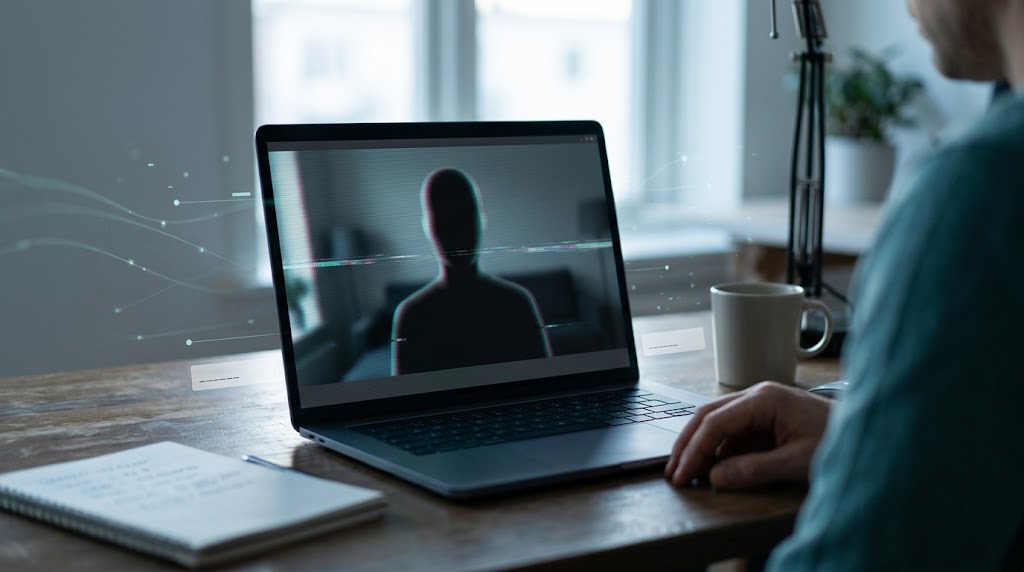 A video call on a laptop with a subtle digital glitch across a face