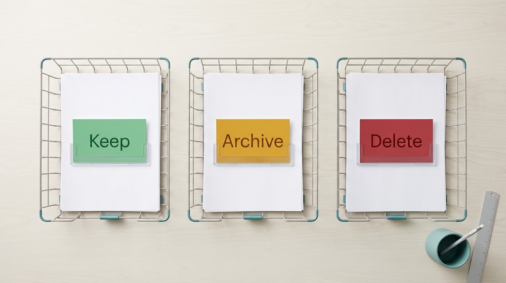 Three labelled trays reading Keep, Archive, and Delete on a desk.How to Declutter Your Digital Life
