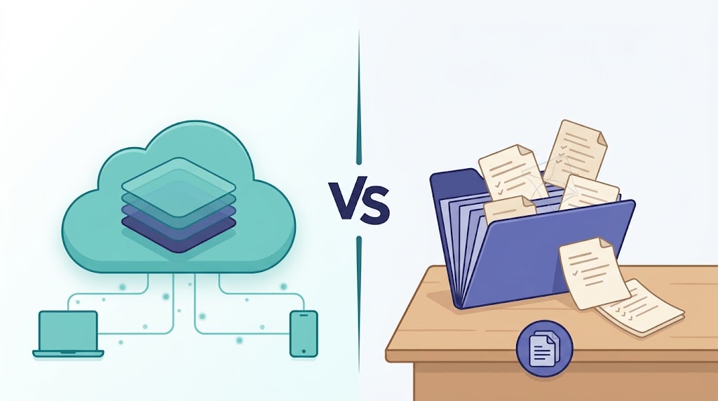 A split illustration contrasting a cloud workspace of notes on the left with local Markdown note files on the right.