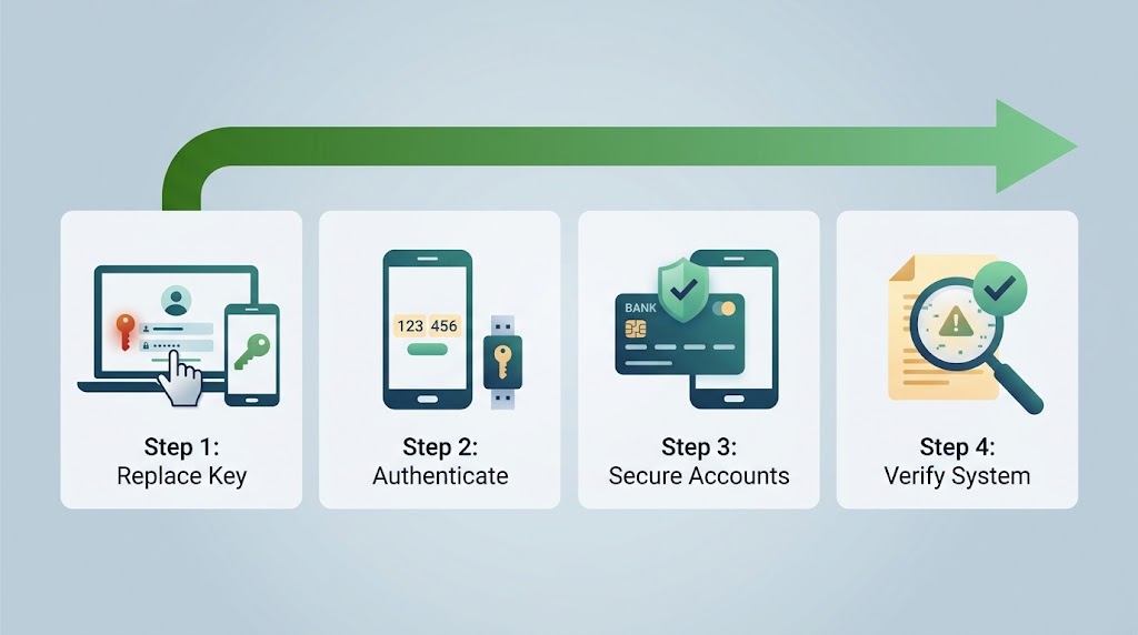 Four-step illustration of responding to a clicked phishing link: change the password, enable two-factor authentication, contact your bank, and run a security scan.