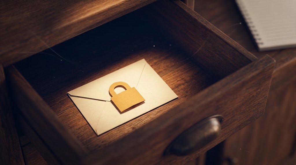 A sealed note marked 'safe word' kept in a private drawer