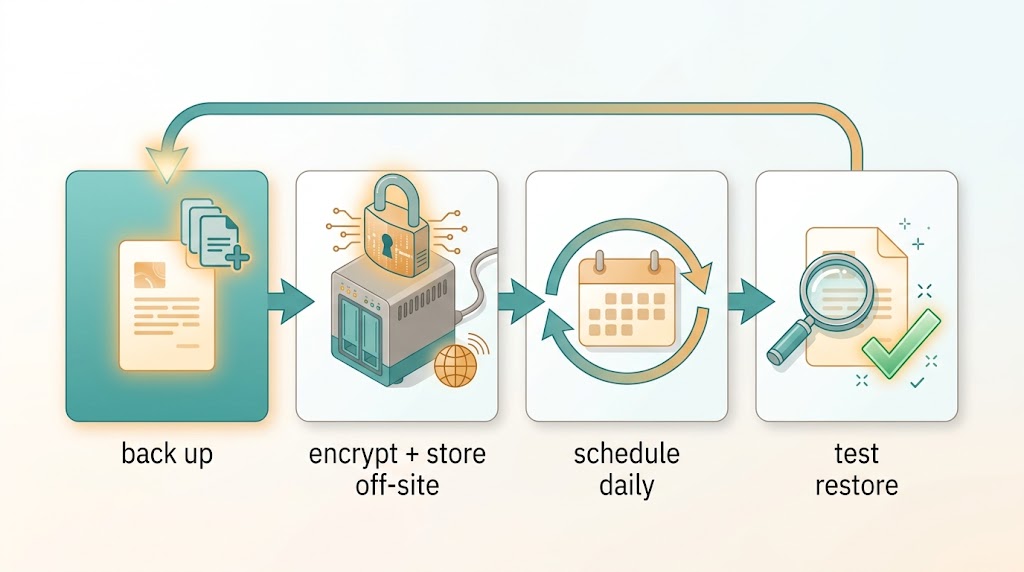 A four-step loop showing back up, encrypt and store off-site, schedule, then test a restore and repeat. Placement: under H2 "Building a Backup Routine You'll Actually Keep".