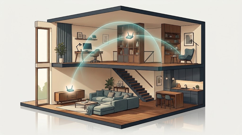 Two mesh Wi-Fi nodes on different floors of a home showing smooth coverage