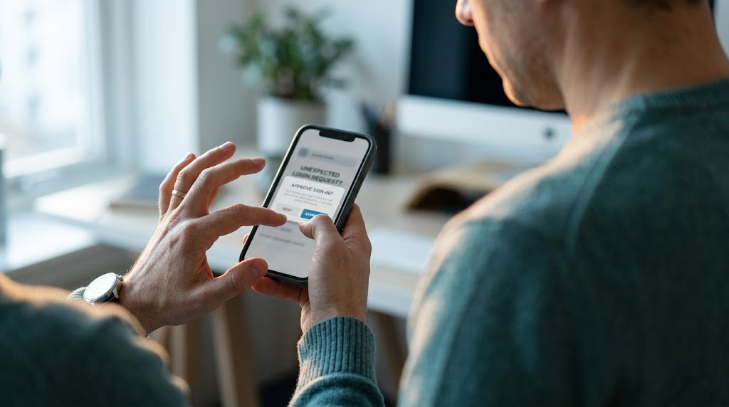 Person hesitating over an unexpected sign-in approval request on a phone