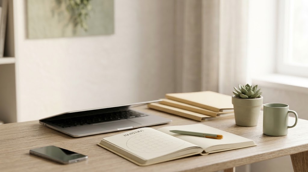 A simple monthly checklist planner for digital clean-up on a desk with a pen