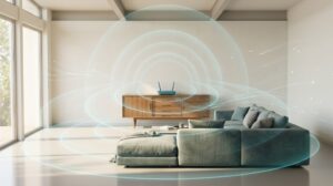 Router placed centrally and high in an open living space with clear line of sight