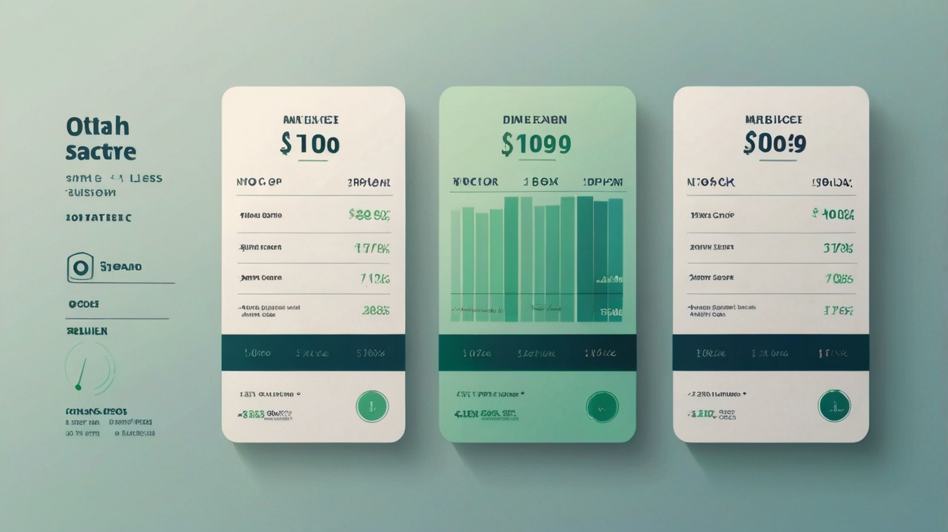 Flat illustration of a grid of ten price cards with the first card in each row highlighted, plus a bar chart and clock icon, representing a starting-price comparison table for AI tools.