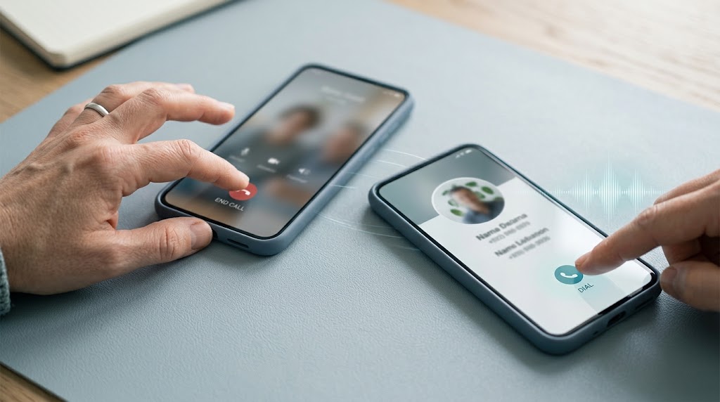 Hand hanging up a call and dialling a saved contact number to verify How to Spot an AI Voice Cloning Scam