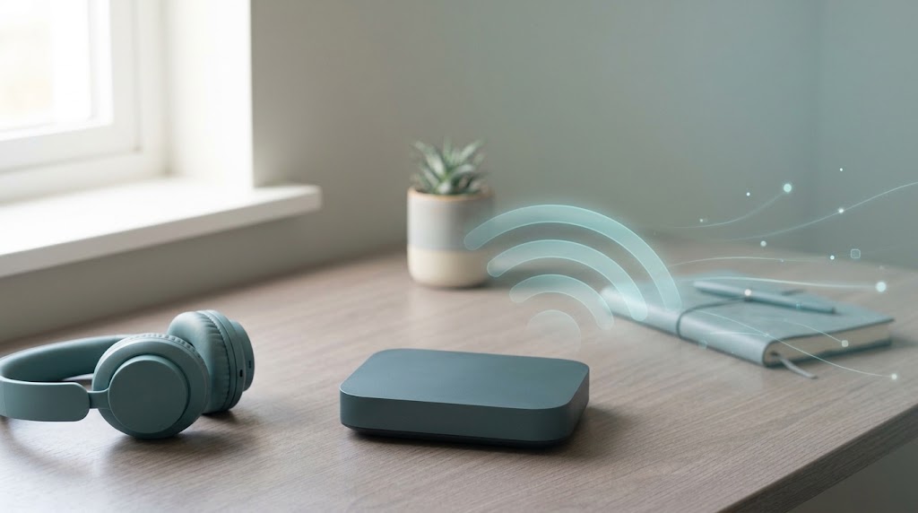 Why Is My Wi-Fi So Slow Router glowing on a shelf in a living room with a faint translucent Wi-Fi wave
