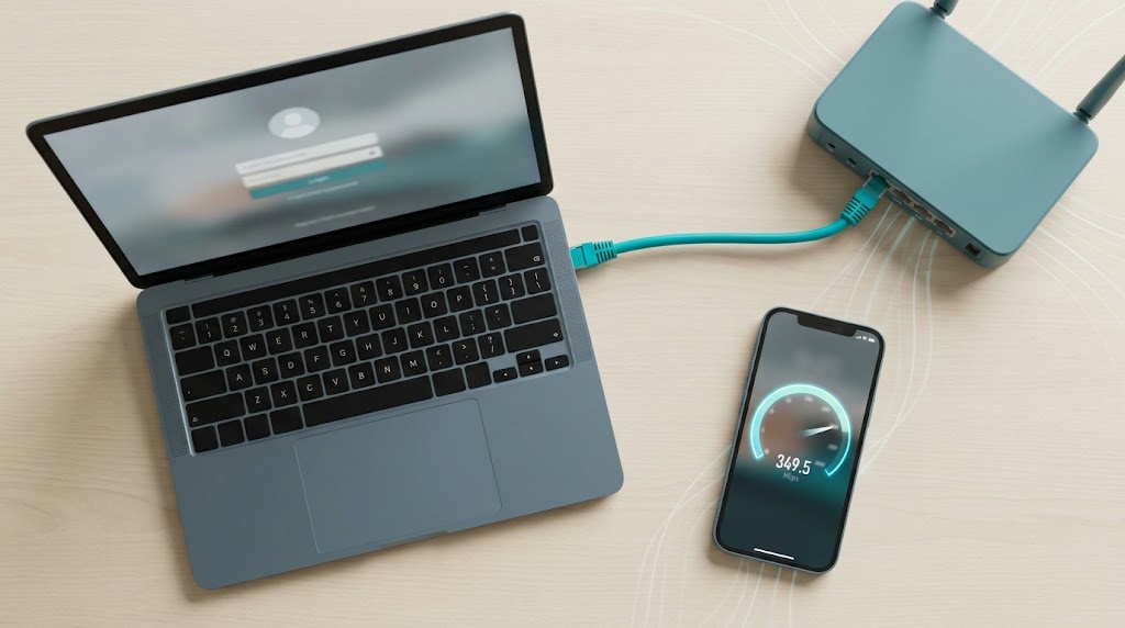 Laptop plugged into a router with an Ethernet cable next to a phone on Wi-Fi, why is my wi-fi so slow